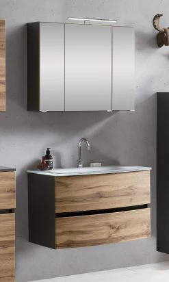 Badkamercombinatie Kornel 1 2-delig Met Witte Wastafel - Grafietgrijs/eik