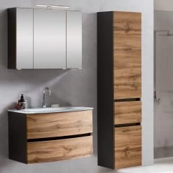 Badkamercombinatie Kornel 5 3-delig Met Witte Wastafel - Grafietgrijs/eik