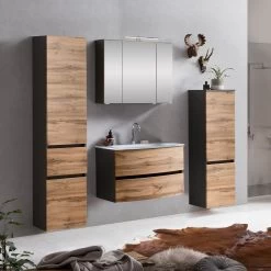 Badkamercombinatie Kornel 9 4-delig Met Witte Wastafel - Grafietgrijs/eik