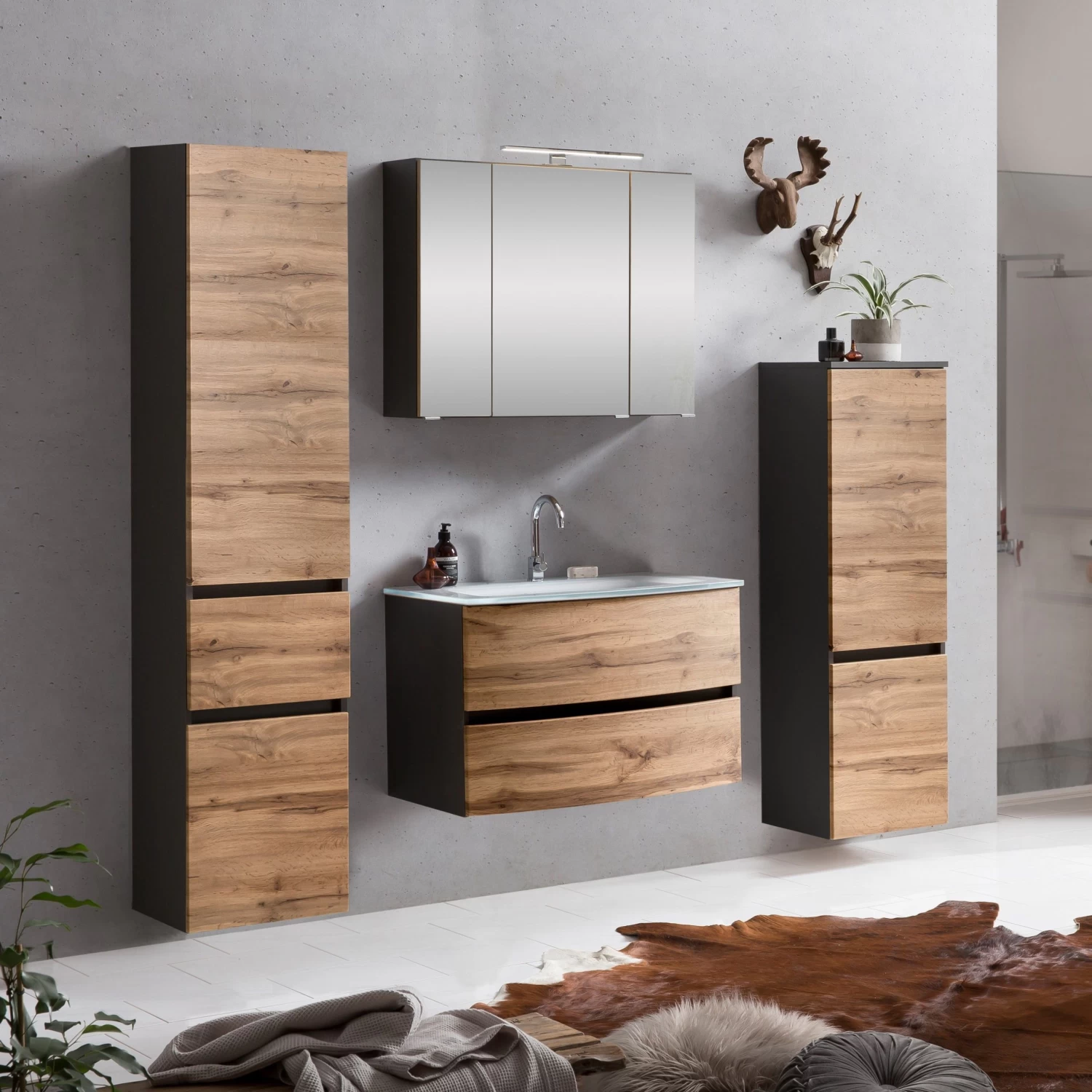 Badkamercombinatie Kornel 9 4-delig Met Witte Wastafel - Grafietgrijs/eik 3 Badkamercombinatie Kornel 9 4-delig Met Witte Wastafel - Grafietgrijs/eik