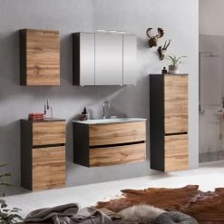 Badkamercombinatie Kornel 11 5-delig Met Witte Wastafel - Grafietgrijs/eik