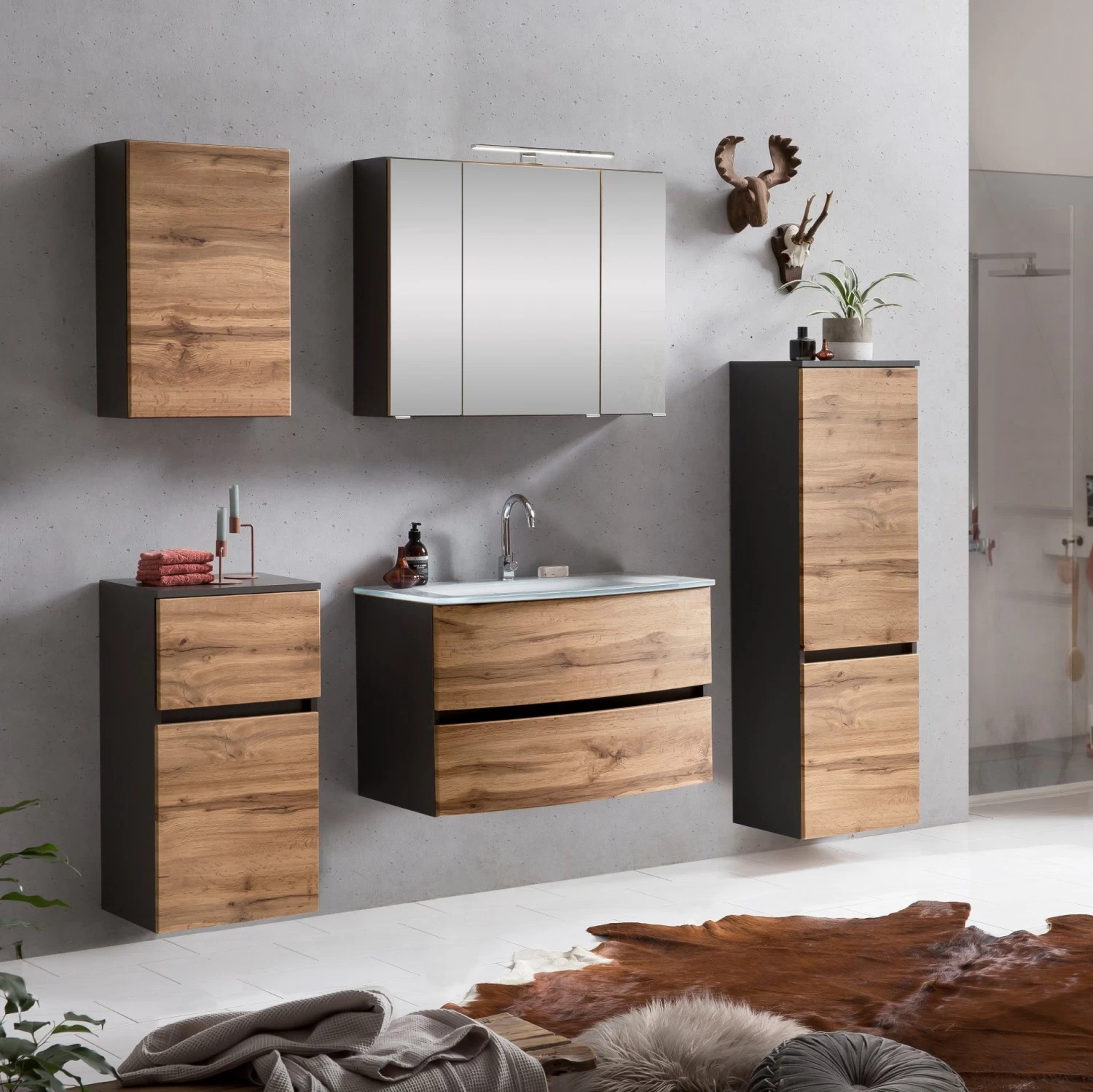 Badkamercombinatie Kornel 11 5-delig Met Witte Wastafel - Grafietgrijs/eik 3 Badkamercombinatie Kornel 11 5-delig Met Witte Wastafel - Grafietgrijs/eik