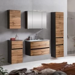 Badkamercombinatie Kornel 13 5-delig Met Witte Wastafel - Grafietgrijs/eik