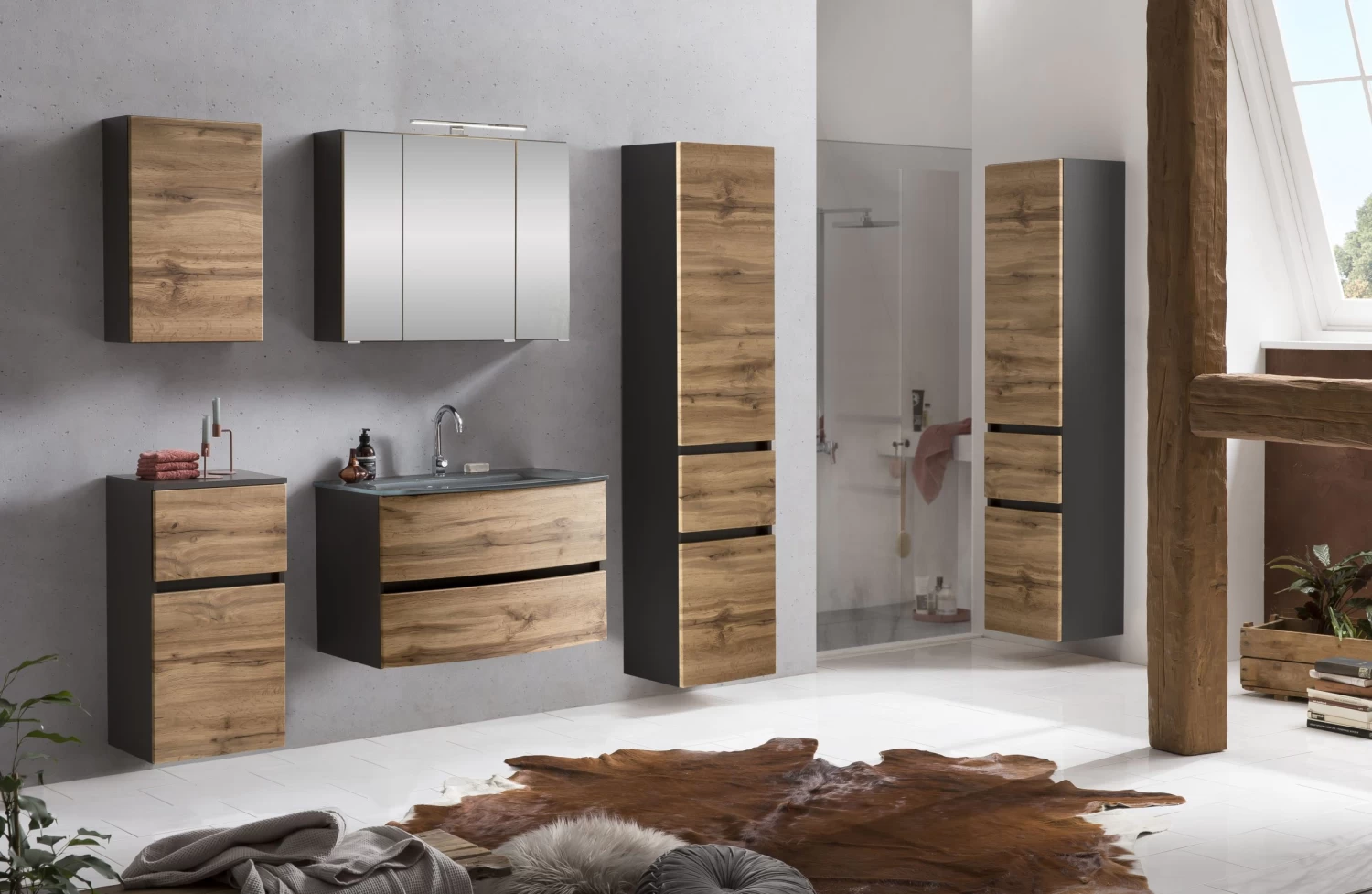 Badkamercombinatie Kornel 5 3-delig Met Grijze Wastafel - Grafietgrijs/eik 8 Badkamercombinatie Kornel 5 3-delig Met Grijze Wastafel - Grafietgrijs/eik - Afbeelding 6