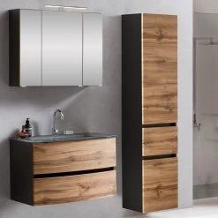 Badkamercombinatie Kornel 5 3-delig Met Grijze Wastafel - Grafietgrijs/eik