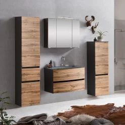 Badkamercombinatie Kornel 10 4-delig Met Grijze Wastafel - Grafietgrijs/eik