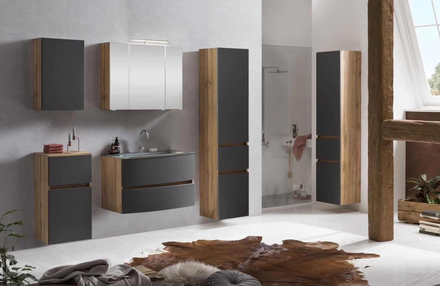 Badkamercombinatie Kornel 14 5-delig Met Grijze Wastafel - Eik/matgrijs 4 Badkamercombinatie Kornel 14 5-delig Met Grijze Wastafel - Eik/matgrijs - Afbeelding 2