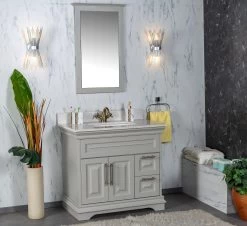 Jussara Badkamermeubelset: 2-delig, MDF Gelakt, Aanrechtblad Wit Kwarts, Grijze Kleur