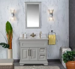 Jussara Badkamermeubelset: 2-delig, MDF Gelakt, Aanrechtblad Wit Kwarts, Grijze Kleur -Songmics Winkel 138JSR1174 20 203 9b49