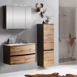 Badkamercombinatie Kornel 3 3-delig Met Witte Wastafel - Grafietgrijs/eik