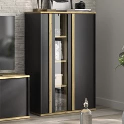 Vitrinekast Ralphio 90x40x135cm 2 Deuren - Zwart/eik