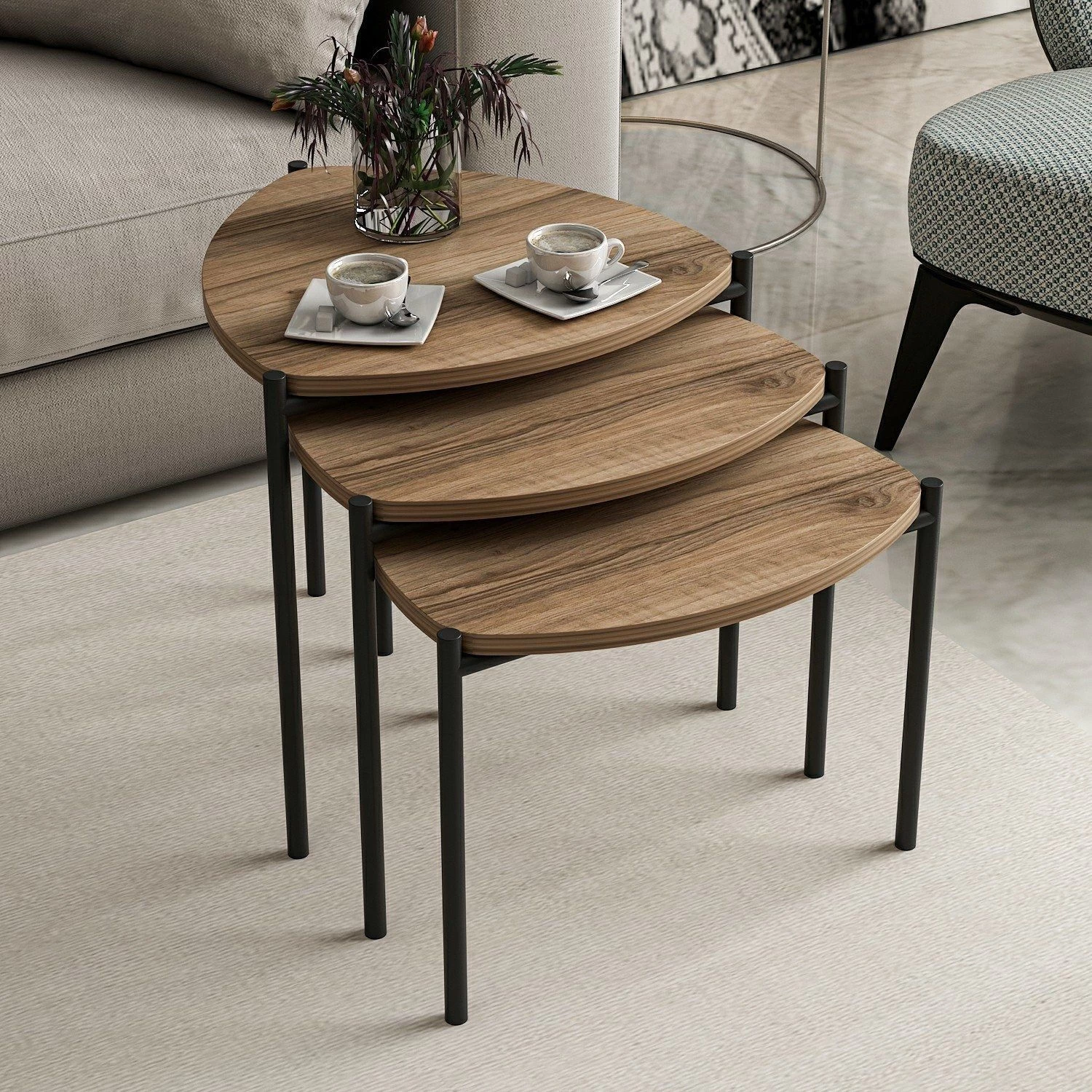 Stijlvolle Woody Fashion Nesting Table - Walnoot | 3-delige Set 3 Stijlvolle Woody Fashion Nesting Table - Walnoot | 3-delige Set