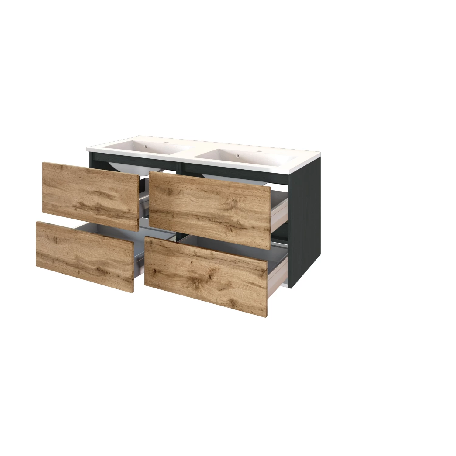 Wastafelmeubel Luna 120cm Met Dubbele Wastafel En 4 Lades - Grafiet/eik 11 Wastafelmeubel Luna 120cm Met Dubbele Wastafel En 4 Lades - Grafiet/eik - Afbeelding 9