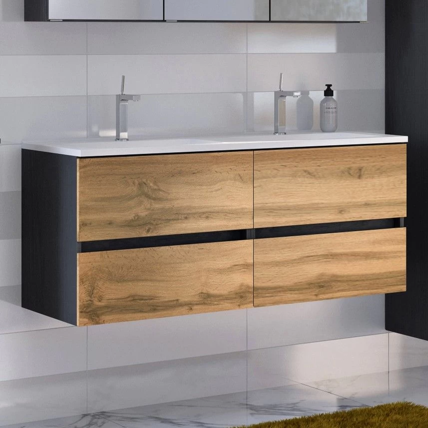 Wastafelmeubel Luna 120cm Met Dubbele Wastafel En 4 Lades - Grafiet/eik 3 Wastafelmeubel Luna 120cm Met Dubbele Wastafel En 4 Lades - Grafiet/eik
