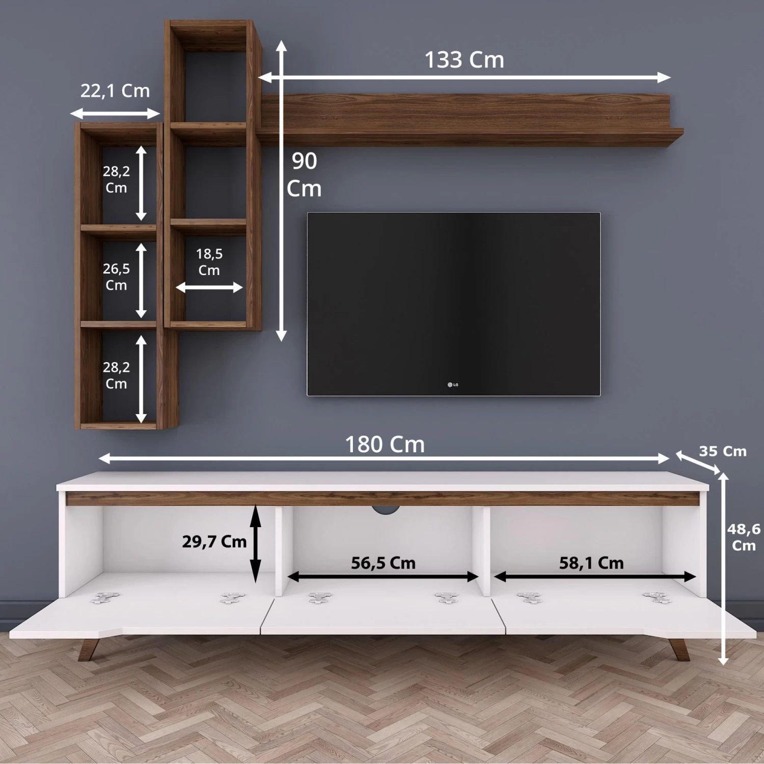 Modern TV-meubel Met Planken Met Melamine Coating | Wit Notenhout 12 Modern TV-meubel Met Planken Met Melamine Coating | Wit Notenhout - Afbeelding 10