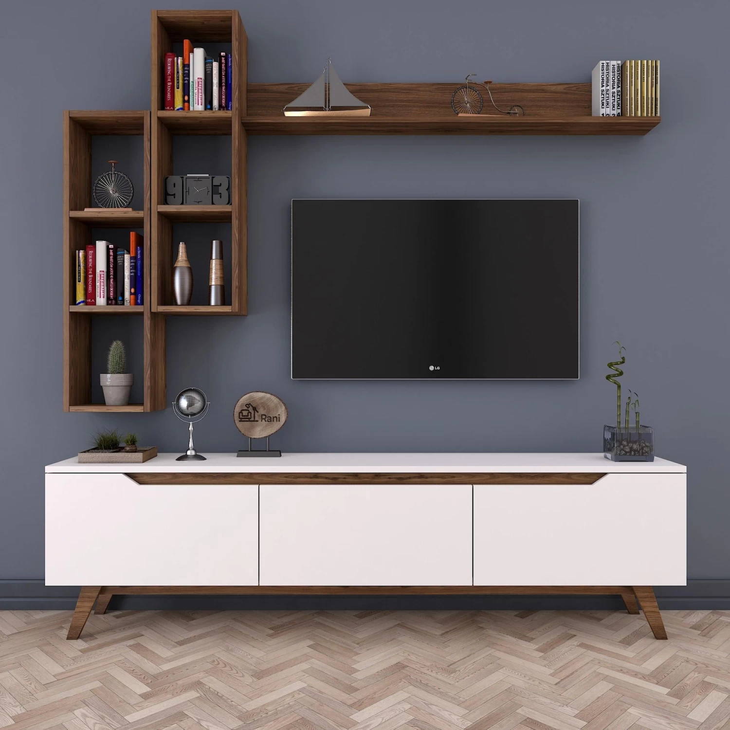 Modern TV-meubel Met Planken Met Melamine Coating | Wit Notenhout 3 Modern TV-meubel Met Planken Met Melamine Coating | Wit Notenhout