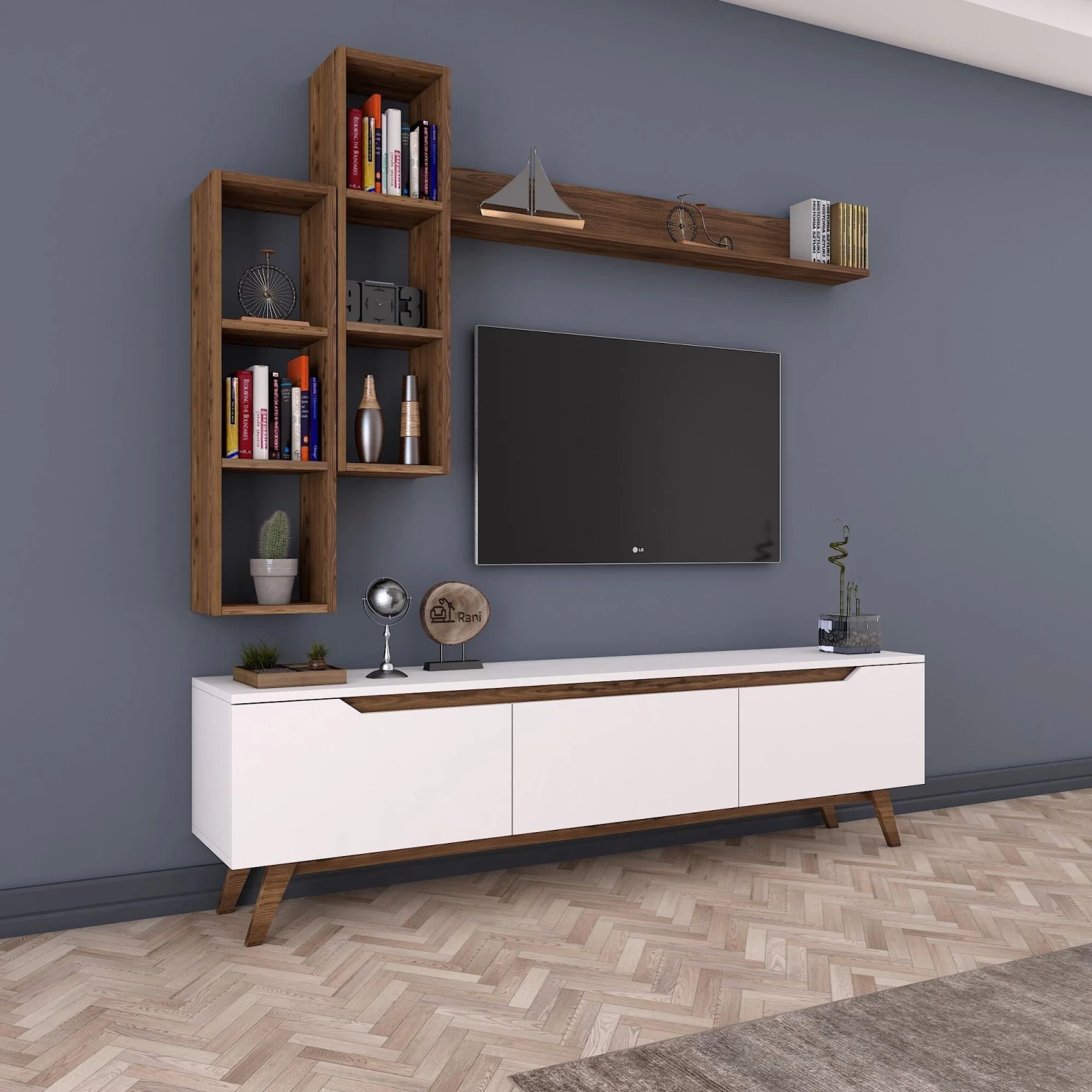 Modern TV-meubel Met Planken Met Melamine Coating | Wit Notenhout 11 Modern TV-meubel Met Planken Met Melamine Coating | Wit Notenhout - Afbeelding 9