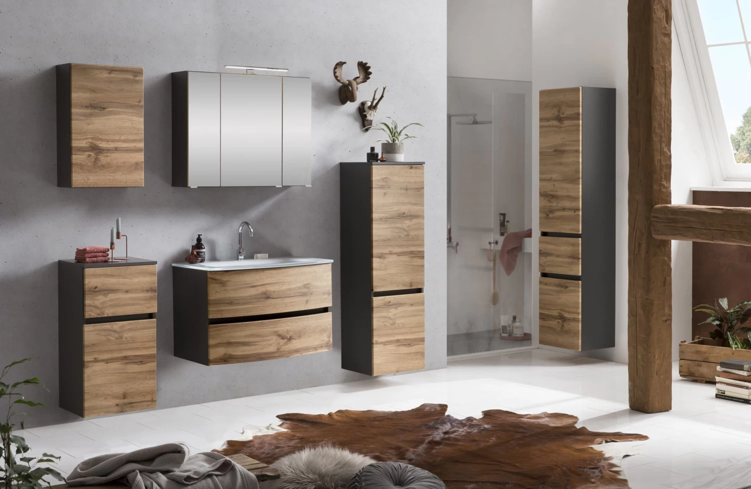 Badkamercombinatie Kornel 11 5-delig Met Witte Wastafel - Grafietgrijs/eik 4 Badkamercombinatie Kornel 11 5-delig Met Witte Wastafel - Grafietgrijs/eik - Afbeelding 2