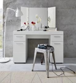 Bureau- En Kaptafel Amanda Met Spiegel | 120 X 41 X 141 Cm | Melaminegecoat | High Glossy White -Songmics Winkel Amanda SMT 1393 014 01 frontal D 20190827 9495