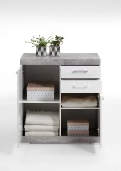 FMD Commode Cristal 2 Deuren En 2 Laden 80x90x50 - Beton/hoogglans Wit -Songmics Winkel Bristol 2 XL Beton LA Wei Edelglanz frontal ge ffnet 6b83