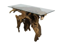 Bijzettafeltje Root 120x40 Cm - Teak Wortelhout Met Glazen Blad -Songmics Winkel CTRT 3 7eee