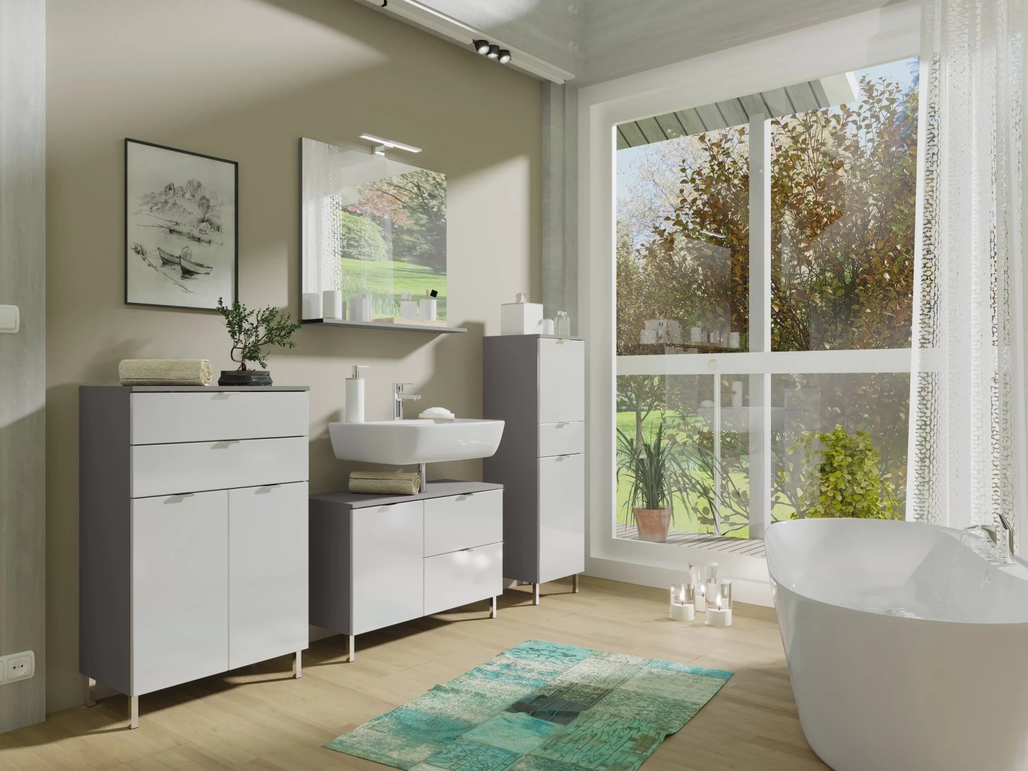 Wastafelonderkast Mauro 80cm Met 2 Deuren & Lade - Grafiet/wit 4 Wastafelonderkast Mauro 80cm Met 2 Deuren & Lade - Grafiet/wit - Afbeelding 2