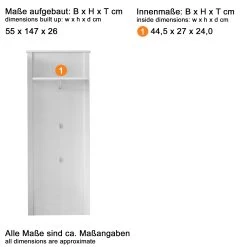 Garderobepaneel Ole | 55 X 26 X 147 Cm | Wit -Songmics Winkel Ole GD 1839 444 01 Datenblatt 20180702 f01b