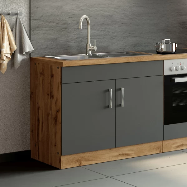 Gootsteenkast Sorrella 100cm 2 Deuren - Antraciet/eik 3 Gootsteenkast Sorrella 100cm 2 Deuren - Antraciet/eik