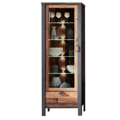 Vitrinekast Carthago 69cm 1 Deur & 1 Lade - Oud Hout/antraciet