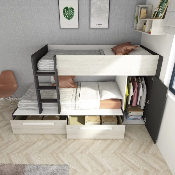 Stapelbed Fleur Met Kast & Lades - Grijs 5 Stapelbed Fleur Met Kast & Lades - Grijs - Afbeelding 3