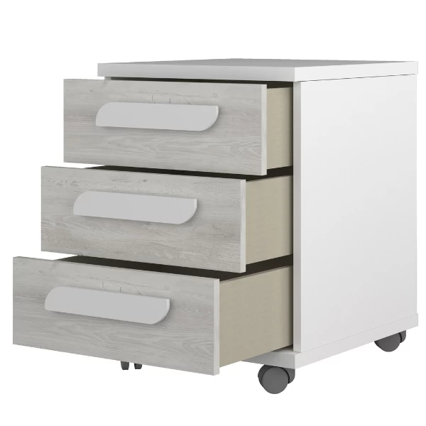 Nachtkastje Bo0 Met Wieltjes, 3 Lades En Langwerpige Handgreep - Wit/grenen 7 Nachtkastje Bo0 Met Wieltjes, 3 Lades En Langwerpige Handgreep - Wit/grenen - Afbeelding 5