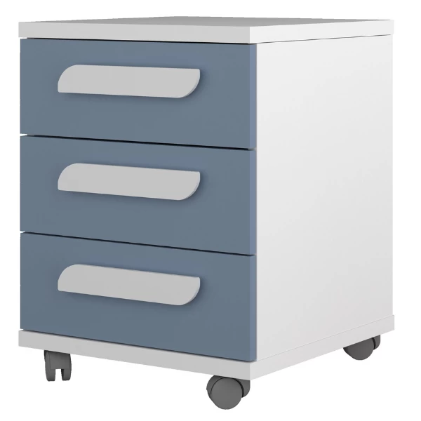 Nachtkastje Bo0 Met Wieltjes, 3 Lades En Langwerpige Handgreep - Wit/ Blauw 3 Nachtkastje Bo0 Met Wieltjes, 3 Lades En Langwerpige Handgreep - Wit/ Blauw