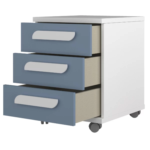 Nachtkastje Bo0 Met Wieltjes, 3 Lades En Langwerpige Handgreep - Wit/ Blauw 5 Nachtkastje Bo0 Met Wieltjes, 3 Lades En Langwerpige Handgreep - Wit/ Blauw - Afbeelding 3