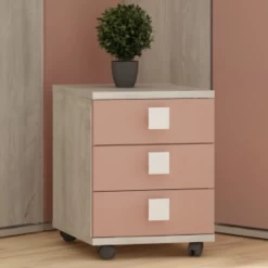 Nachtkastje Bo0 Met Wieltjes, 3 Lades En Vierkante Handgreep - Wit/ Oudroze