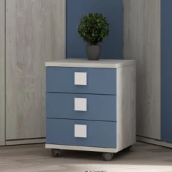 Nachtkastje Bo0 Met Wieltjes, 3 Lades En Vierkante Handgreep - Wit/ Blauw