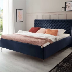 Tweepersoonsbed Janice Met Opbergruimte 160x200cm - Donkerblauw/chroom