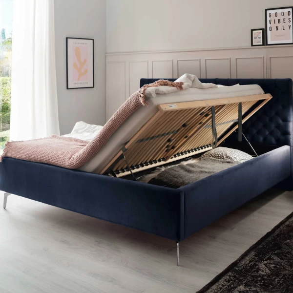 Tweepersoonsbed Janice Met Opbergruimte 160x200cm - Donkerblauw/chroom 4 Tweepersoonsbed Janice Met Opbergruimte 160x200cm - Donkerblauw/chroom - Afbeelding 2