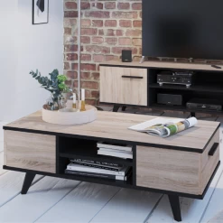 Salontafel Wilke 2 Lades En 2 Open Vakken-geborstelde Eik/matzwart