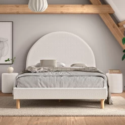 Gestoffeerd Bed Maeva 140x200cm Met Twee Nachttafeltjes - Witte Bouclé Stof