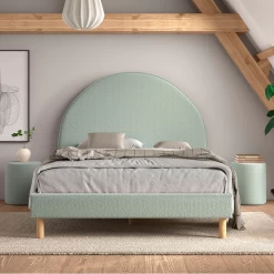 Gestoffeerd Bed Maeva 140x200cm Met Twee Nachttafeltjes - Groene Bouclé Stof