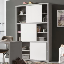 Boekenkast Prato 120cm Met Drie Schuifdeuren - Beton / Hoogglans Wit