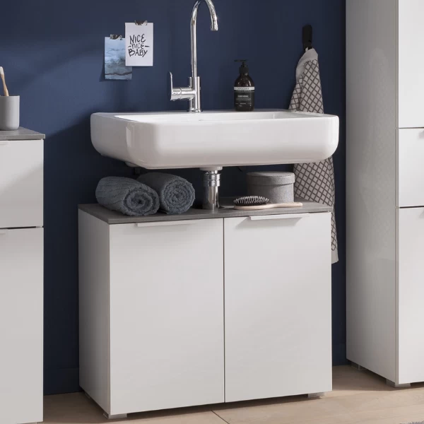 Wastafelonderkast Galatea 70cm Met Twee Deuren - Hoogglans Wit/betonlook 3 Wastafelonderkast Galatea 70cm Met Twee Deuren - Hoogglans Wit/betonlook