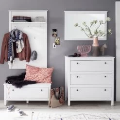 Garderobecombinatie Ole | Paneel, Spiegel, Ladekast En Bank | Wit