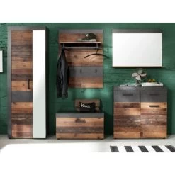 Garderobecombinatie Indy | Paneel, Bank, Spiegel, Schoenen- En Kledingkast | Old Wood-decor