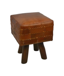 Kruk Patchwork 33x33cm Vierkant, Leer – Vintage Cognac