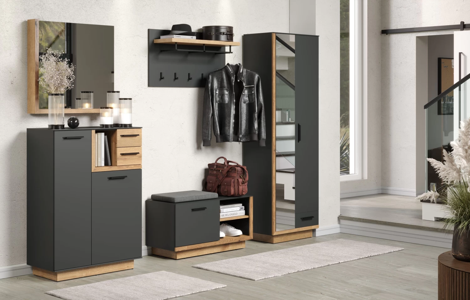 Garderobeset Synnax | Wandkapstok, Bank, Spiegel, Kolom- En Bijzetkast | Anthracite Oak - Afbeelding 9